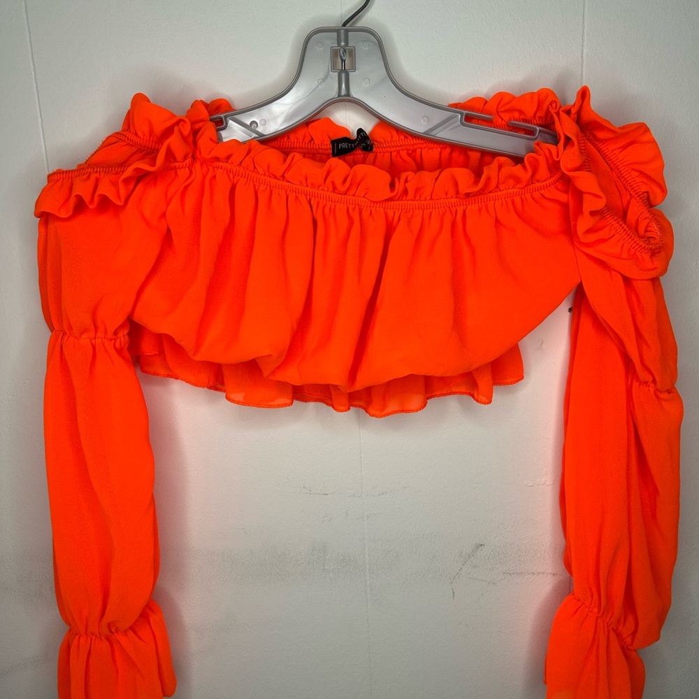 PrettyLittleThing Orange Ruffled Off-Shoulder Crop Blouse